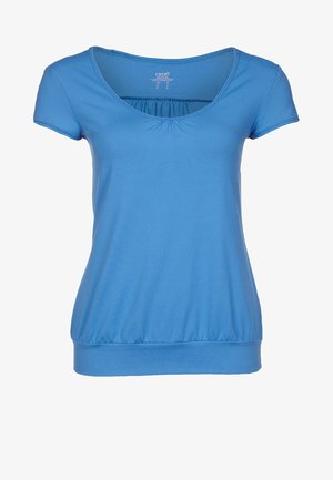 Camiseta corta de manga corta para mujer en azul, con escote redondo y dobladillo fruncido, hecha de tela suave y elástica.