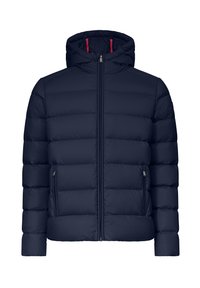 Marineblå polstret jakke med lynlås foran, justerbar hætte og to sidelommer. Har et quiltet design og røde detaljer indeni kraven.