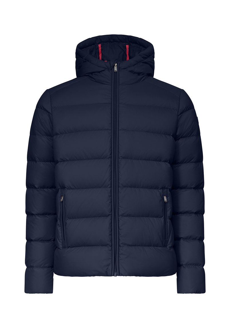 Marineblå polstret jakke med lynlås foran, justerbar hætte og to sidelommer. Har et quiltet design og røde detaljer indeni kraven.