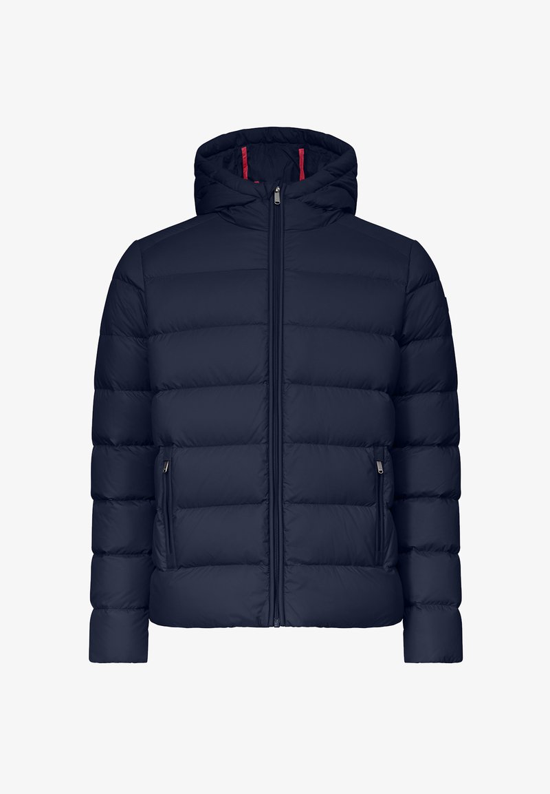 Marineblå polstret jakke med lynlås foran, justerbar hætte og to sidelommer. Har et quiltet design og røde detaljer indeni kraven.