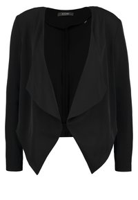 Veste noire à manches longues, sans fermeture, avec un design drapé. Fabriquée en tissu léger, présentant une texture lisse et peu de matériel.