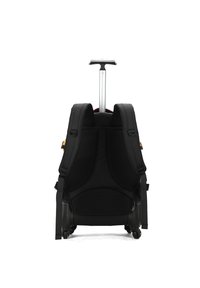 Zaino a rotelle nero con supporto dorsale imbottito, spallacci regolabili e manico telescopico; realizzato con materiali resistenti e ruote scorrevoli.