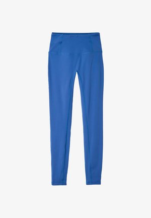 Leggings deportivos azules hechos de tela elástica, con una pretina alta, costuras planas y una textura suave. Sin patrones ni elementos metálicos visibles.