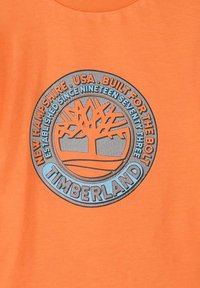 Maglietta di cotone arancione con un grafico circolare che presenta un logo ad albero, "TIMBERLAND," e dettagli sulla sua fondazione in blu e grigio.