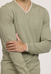 Pull à col en V vert olive, en matière douce, avec des poignets et un ourlet côtelés, orné d'une bordure blanche le long de l'encolure et d'un détail de logo subtil.