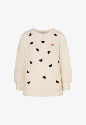 Crèmekleurige trui met lange mouwen, voorzien van zwarte hartpatronen en één roze hartdetail aan de voorkant. Gebreide textuur, ronde hals.