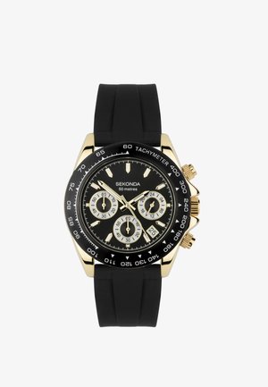 Montre chronographe Sekonda avec un cadran noir, des accents dorés, un bracelet en caoutchouc noir, et une lunette tachymétrique avec trois sous-cadrans et un affichage de la date.