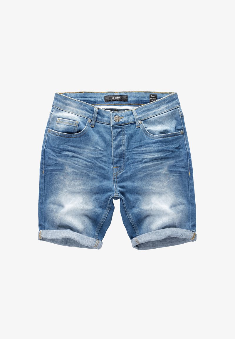 Denim shorts in light blue with a faded finish, featuring rolled cuffs, five pockets, and a front metal button closure.