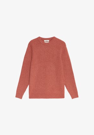 Red knitted sweater with a crew neck, long sleeves, and ribbed texture. Features a straight hem and is made of chunky yarn.