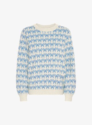 Lichtbeige trui met een blauw strikkenpatroon, ronde hals, lange mouwen en geribde boorden. Gebreide textuur, casual pasvorm.