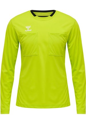 Langärmliges, limonengrünes Shirt mit schwarzem Ausschnitt, das zwei vordere Taschen und ein Logo auf der oberen linken Seite aufweist. Hergestellt aus glattem, synthetischem Material.