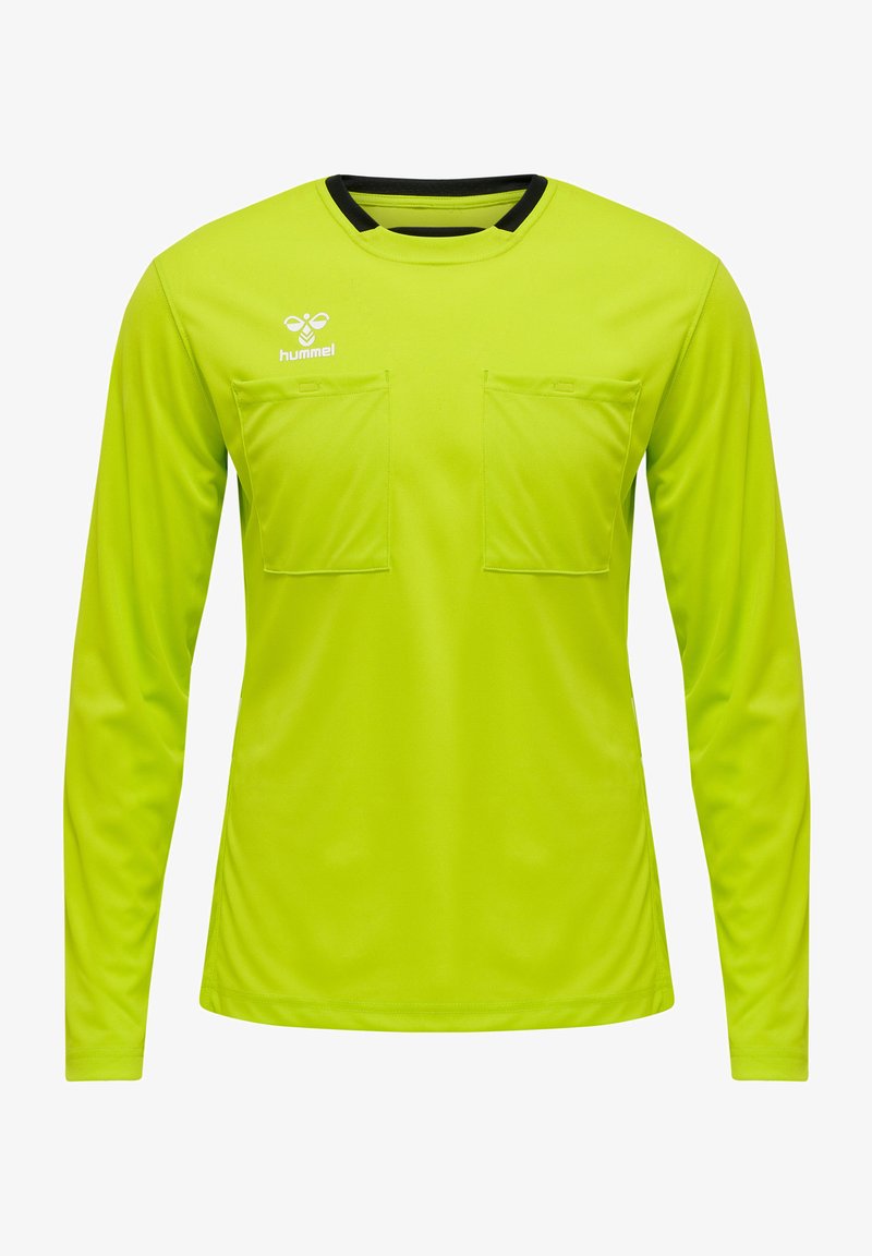 Lange mouwen limegroen shirt met zwarte halslijn, met twee voorzakken en een logo op de bovenste linkerkant. Glad, synthetisch materiaal.