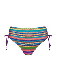 Kolorowy dół bikini w diagonalne paski w odcieniach różu, zieleni, niebieskiego i fioletowego. Posiada regulowane wiązania po obu stronach z metalowymi akcentami.