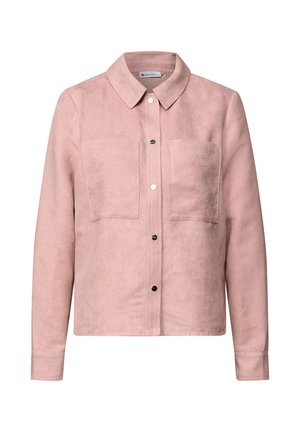 Rosa Cordjacke mit Kragen, zwei Vorderaschen, Knopfverschluss und langen Ärmeln. Die Textur ist weich und glatt.