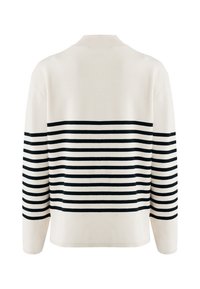 Pull léger crème avec des rayures horizontales noires. Il présente un col rond, des manches longues et un tissu tricoté texturé. Vue de dos affichée.