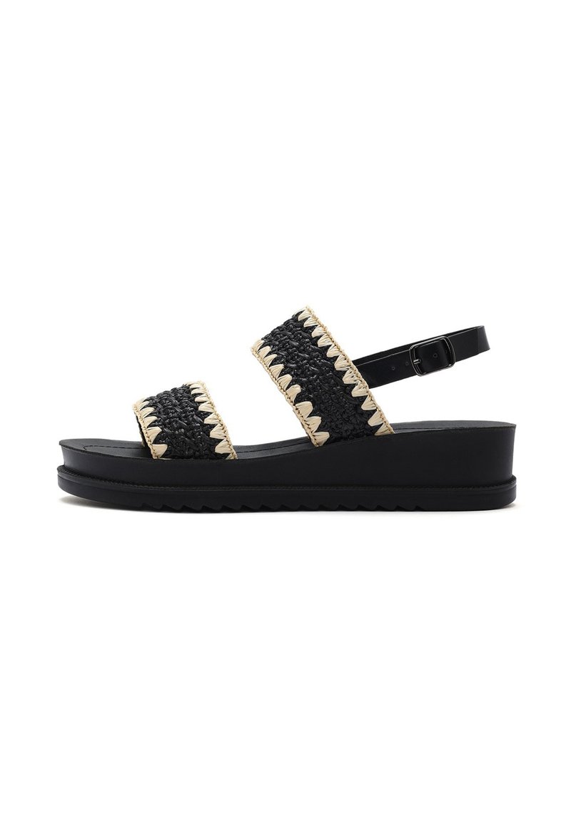 Des sandales noires à talons compensés présentent deux larges brides en matériau tissé avec des accents beiges, une plateforme basse et une bride cheville réglable.
