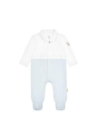 Helles blaues Babystrampler mit langen Ärmeln, oberer Bereich in Weiß, Druckknöpfe und ein Bärenmotiv am linken Arm. Weicher Stoff mit glatter Textur.