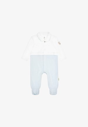 Bodysuit bleu clair à manches longues, section supérieure blanche, fermetures à pression et motif d'ours sur le bras gauche. Tissu doux avec une texture lisse.