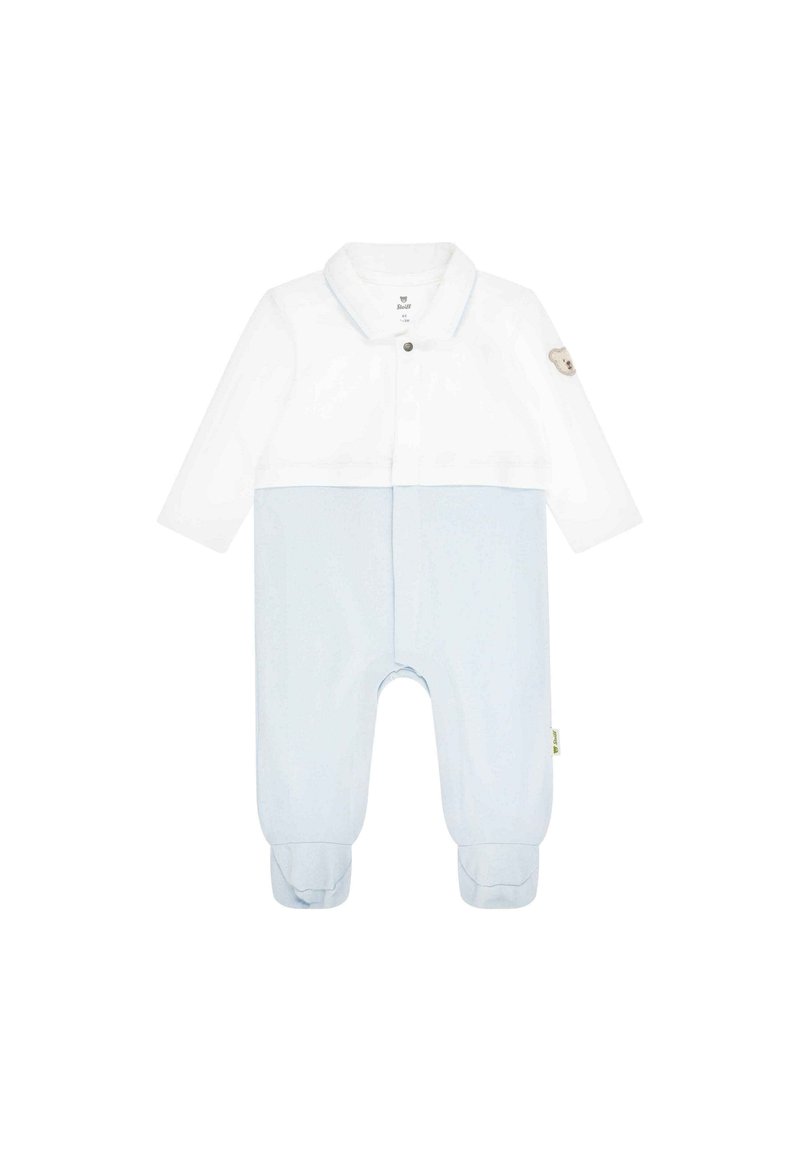 Helles blaues Babystrampler mit langen Ärmeln, oberer Bereich in Weiß, Druckknöpfe und ein Bärenmotiv am linken Arm. Weicher Stoff mit glatter Textur.