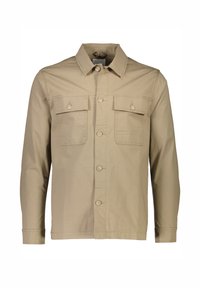 Beige cotton shirt jacket with a collared neckline, two chest pockets, button front closure, long sleeves, and plain texture.