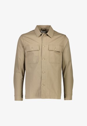 Giacca camicia in cotone beige con colletto, due tasche sul petto, chiusura frontale con bottoni, maniche lunghe e texture liscia.