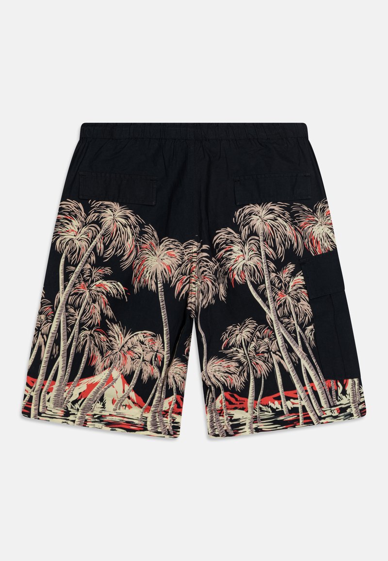 Schwarze Cargo-Shorts mit einem Palmen-Design in Beige und Rot, einem elastischen Bund und zwei Gesäßtaschen.
