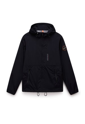 Chaqueta ligera negra con capucha, que cuenta con bolsillos con cremallera, dobladillo con cordón y un parche de logo bordado en la manga.