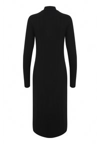 Schwarzes, geripptes Strickkleid mit langen Ärmeln und hohem Kragen. Es bietet eine schlanke, figurschmeichelnde Silhouette und einen abgerundeten Saum.
