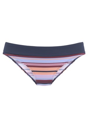 Gestreepte bikinionderkant in paarse, roze en marineblauwe kleuren. Zachte stof met een gladde tailleband en klassieke snit. Heeft horizontale strepen.