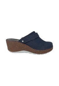 Zoccoli a zeppa blu navy con tomaia in tessuto testurizzato, dettagli cuciti e suola piattaforma in sughero marrone con suola in gomma grigio chiaro.