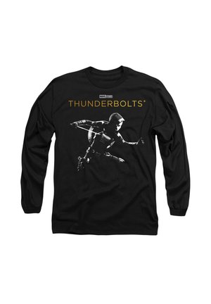 Black long-sleeve t-shirt featuring a graphic of a character in an action pose and "THUNDERBOLTS" in bold gold text above.