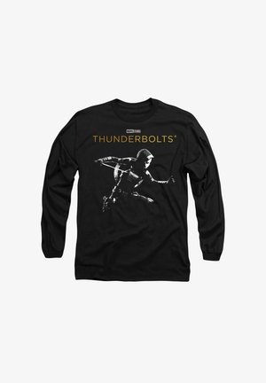Black long-sleeve t-shirt featuring a graphic of a character in an action pose and "THUNDERBOLTS" in bold gold text above.