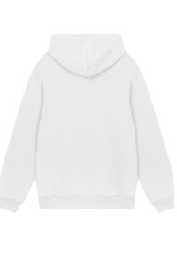 Weiße Kapuzenjacke mit großer Kapuze, langen Ärmeln und einem gesäumten Saum. Der Stoff wirkt weich mit einer glatten Textur und ohne sichtbare Muster.