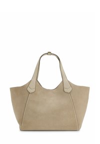 Borsa tote in camoscio beige con ampio apertura superiore, due manici robusti e dettagli di cuciture angolari sui lati. Texture liscia e opaca.