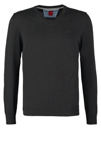 Czarny sweter z dzianiny z dekoltem w serek; długie rękawy, ściągacz na mankietach i u dołu, z logo na piersi.