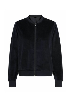 Navy blue bomber jacket made from soft velvet fabric, featuring a zip front, ribbed cuffs, and a classic rounded collar design.