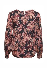 Blouse florale bleu marine foncé avec motifs roses et bordeaux, avec manches longues et fermeture dos en trou de serrure de couleur dorée.