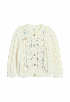 Hvid strikket babycardigan med blomsterbroderi, træknapper og teksturerede mønstre, mærket størrelse 80 til 9-12 måneder.