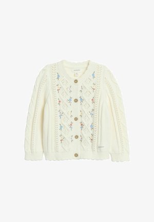 Weißer gestrickter Babycardigan mit floraler Stickerei, Holzknöpfen und strukturierten Mustern, mit der Größe 80 für 9-12 Monate gekennzeichnet.