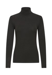 Col roulé noir à manches longues en tissu lisse et léger. Présente une coupe ajustée et des accents côtelés au niveau du col et des poignets.