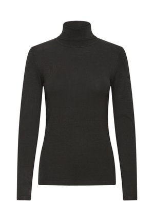 Col roulé noir à manches longues en tissu lisse et léger. Présente une coupe ajustée et des accents côtelés au niveau du col et des poignets.