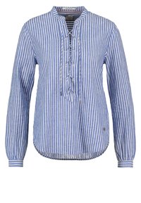 Blouse à rayures bleues et blanches à manches longues avec un col en V et un détail à lacets à l'avant, présentant un ourlet arrondi et des manches avec poignet.