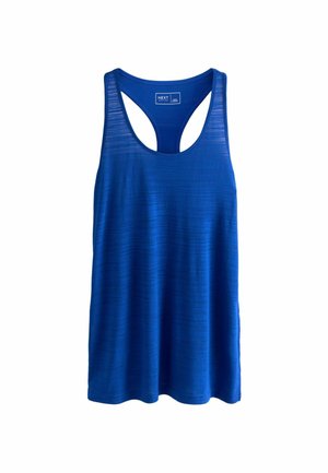 Top deportivo azul sin mangas con un diseño tipo racerback. Hecho de un tejido ligero y texturizado con sutiles rayas horizontales.