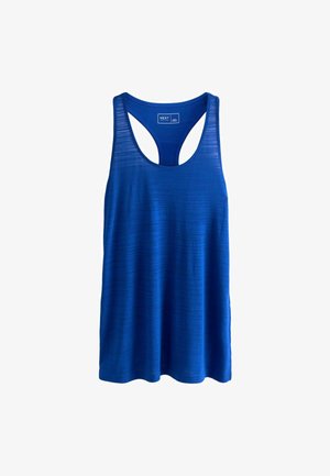 Débardeur de sport bleu avec un dos nageur. Fabriqué dans un tissu léger et texturé avec de subtils rayures horizontales.
