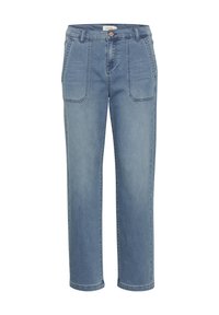 Svetlo modre jeans hlače z visokim pasom, sprednjimi žepi, gumbom za zapiranje in žepi za pas, prikazane na beli podlagi.