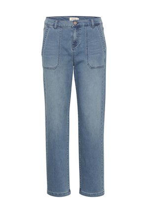 Light blue denim jeans with high waist, front patch pockets, button closure, and belt loops, displayed on white background.