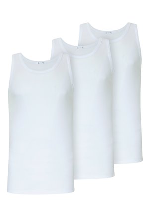 Tre canotte bianche in cotone con scolli rotondi e spalline sottili, caratterizzate da una texture liscia e un design semplice.