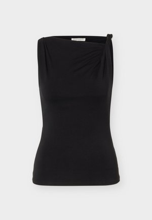 Haut noir sans manches ajusté avec un décolleté asymétrique et un petit nœud sur une épaule.