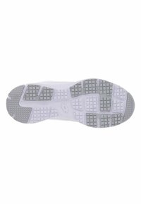 Sole di scarpa sportiva bianca con una suola in gomma grigia textured, caratterizzata da un motivo a griglia per aderenza e piccoli dettagli per flessibilità.