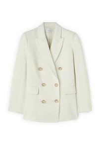 Dwurzędowa marynarka z fakturowanej białej tkaniny. Posiada złote guziki, klapy i dwie przednie kieszenie. Strukturalny fason z dopasowanym krojem.
